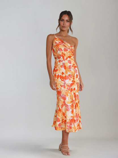 Dames Midi Jurk met One-Shoulder Hals en Bloemenprint