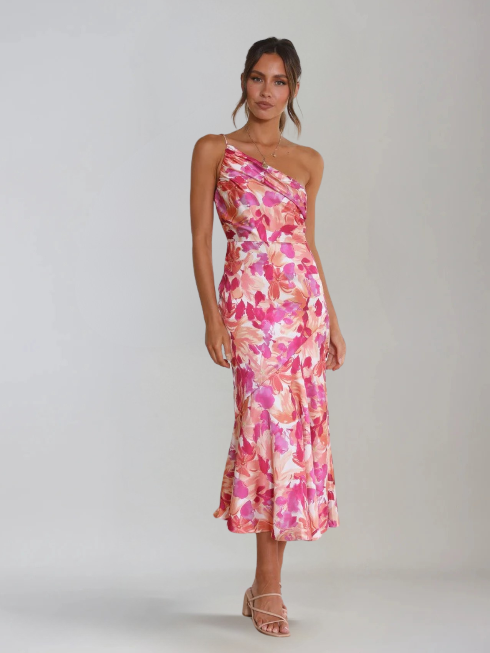 Dames Midi Jurk met One-Shoulder Hals en Bloemenprint