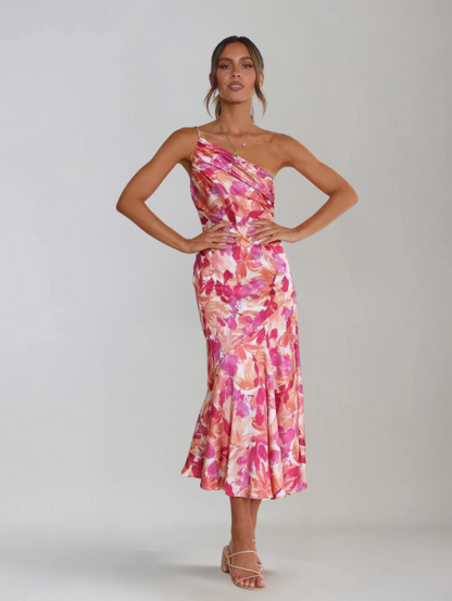 Dames Midi Jurk met One-Shoulder Hals en Bloemenprint