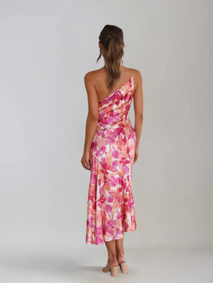 Dames Midi Jurk met One-Shoulder Hals en Bloemenprint