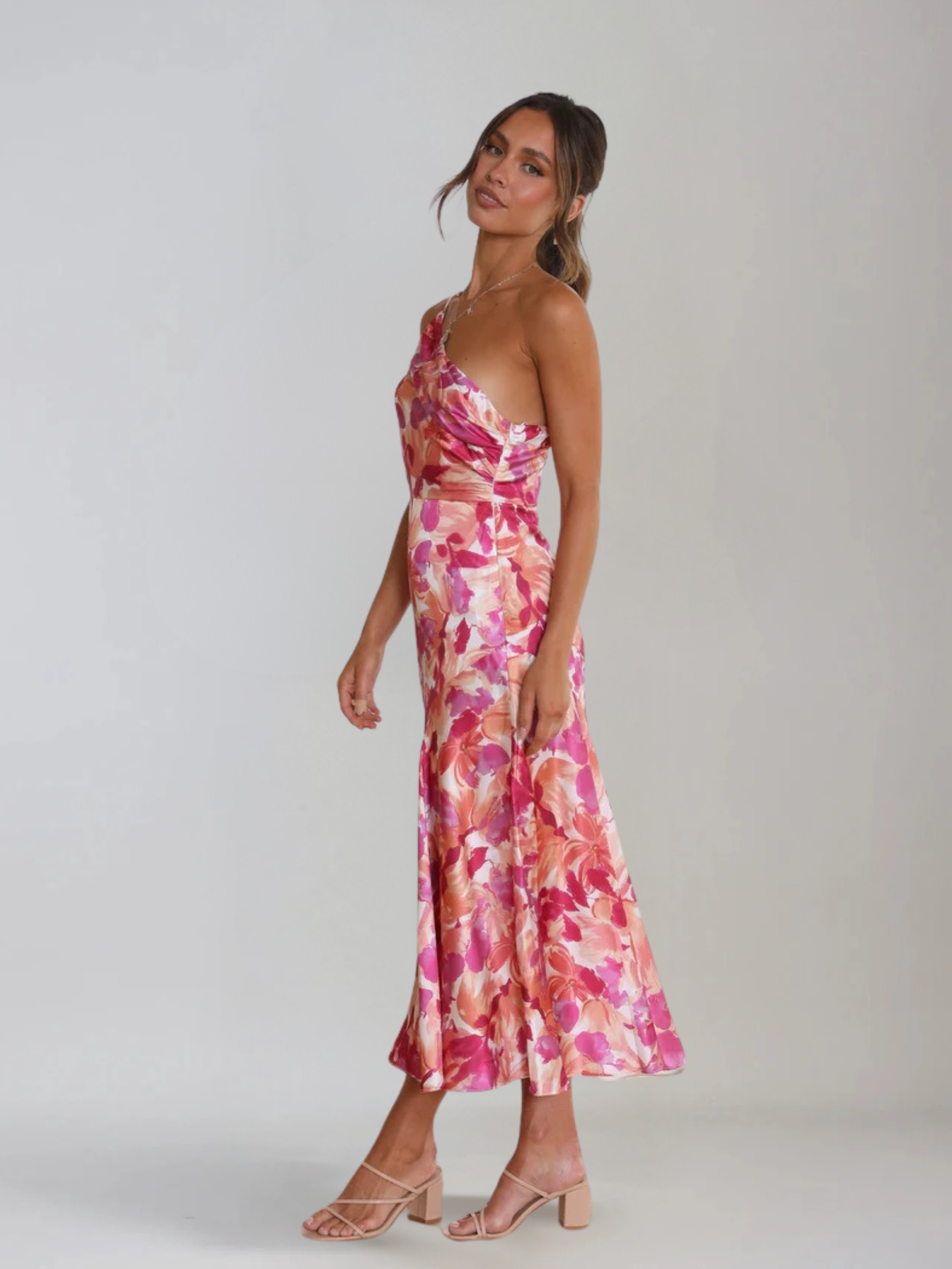 Dames Midi Jurk met One-Shoulder Hals en Bloemenprint