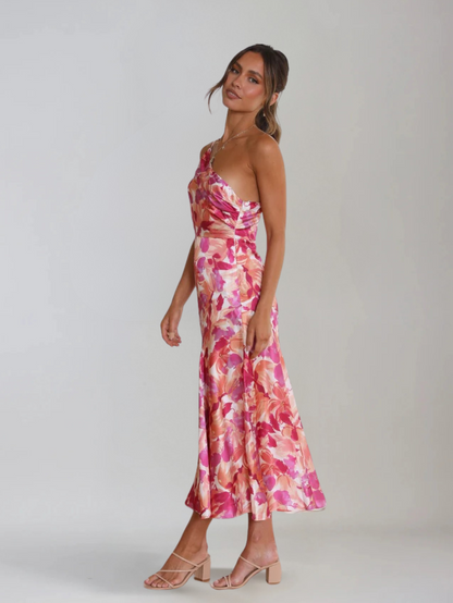 Dames Midi Jurk met One-Shoulder Hals en Bloemenprint