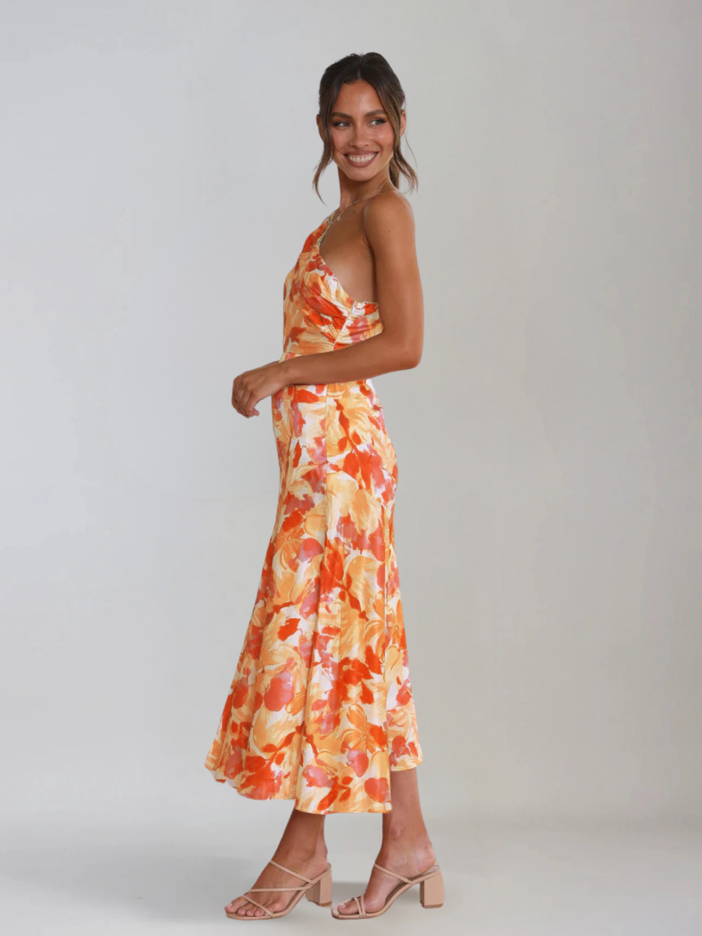 Dames Midi Jurk met One-Shoulder Hals en Bloemenprint