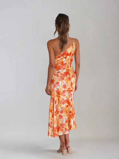 Dames Midi Jurk met One-Shoulder Hals en Bloemenprint