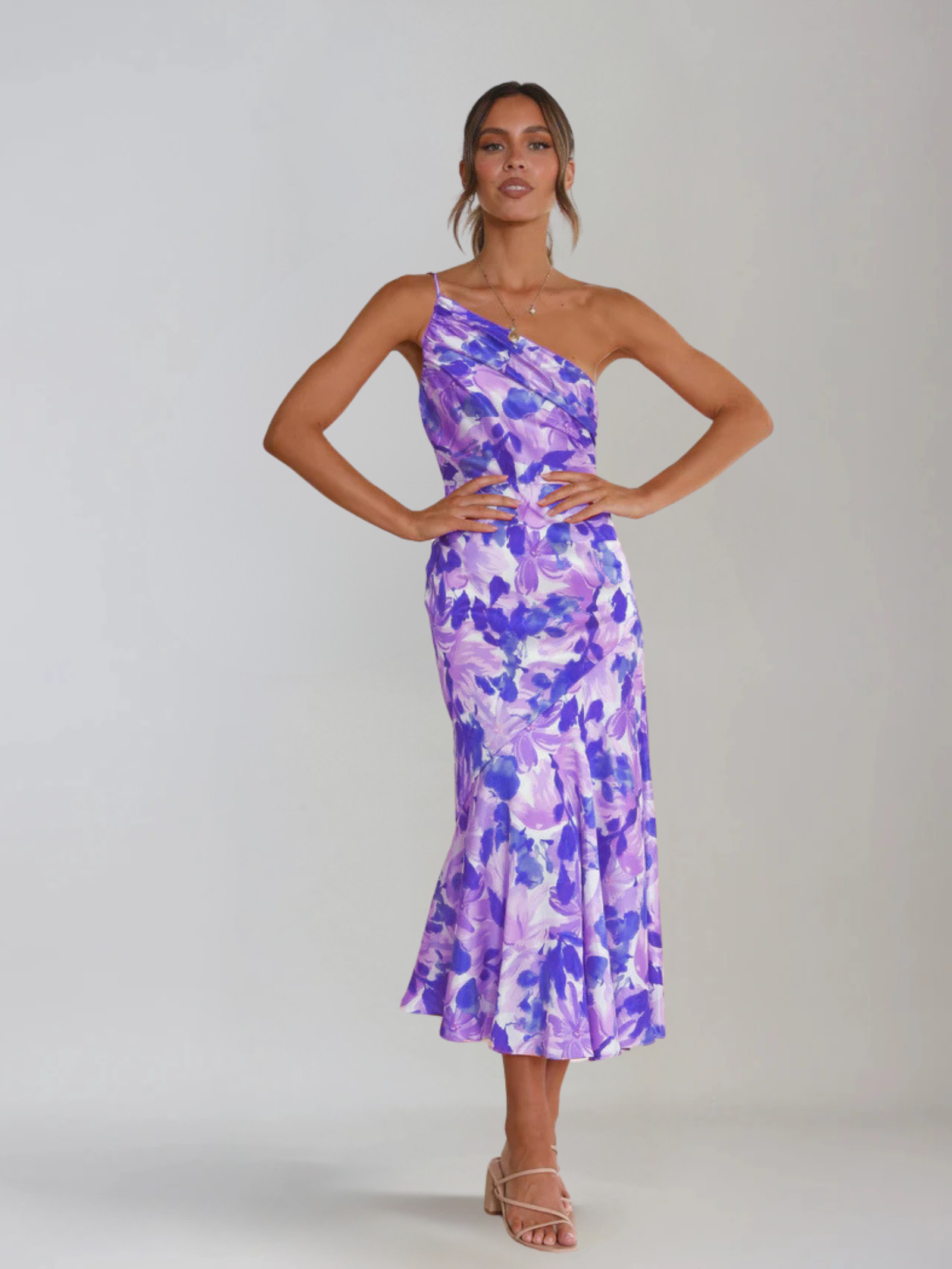 Dames Midi Jurk met One-Shoulder Hals en Bloemenprint