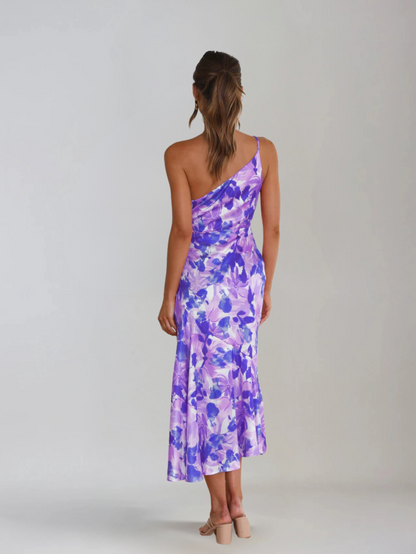 Dames Midi Jurk met One-Shoulder Hals en Bloemenprint