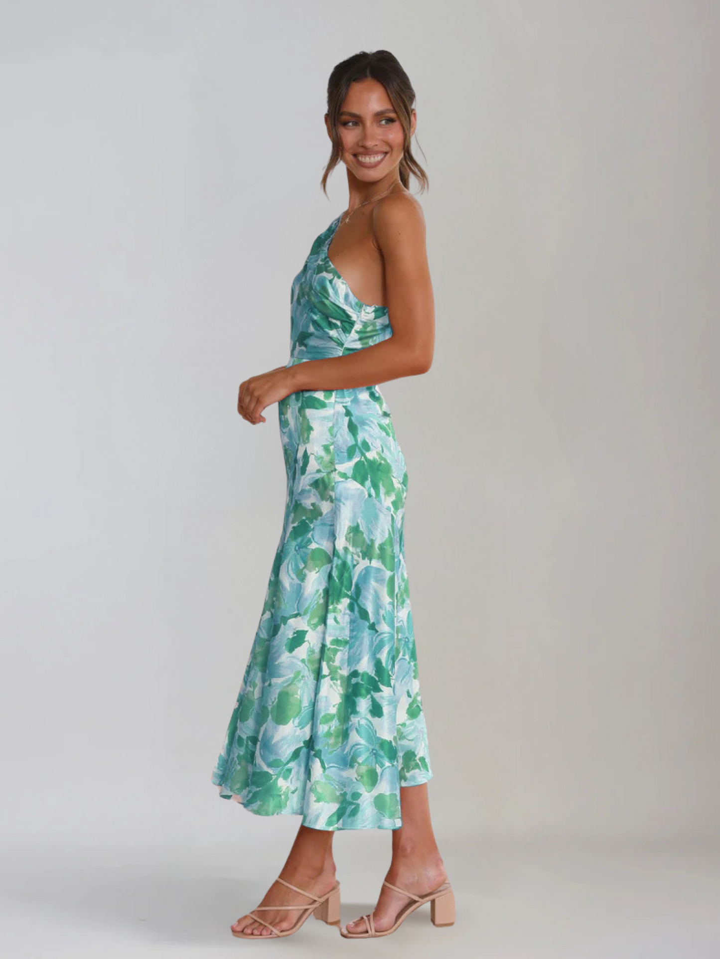 Dames Midi Jurk met One-Shoulder Hals en Bloemenprint