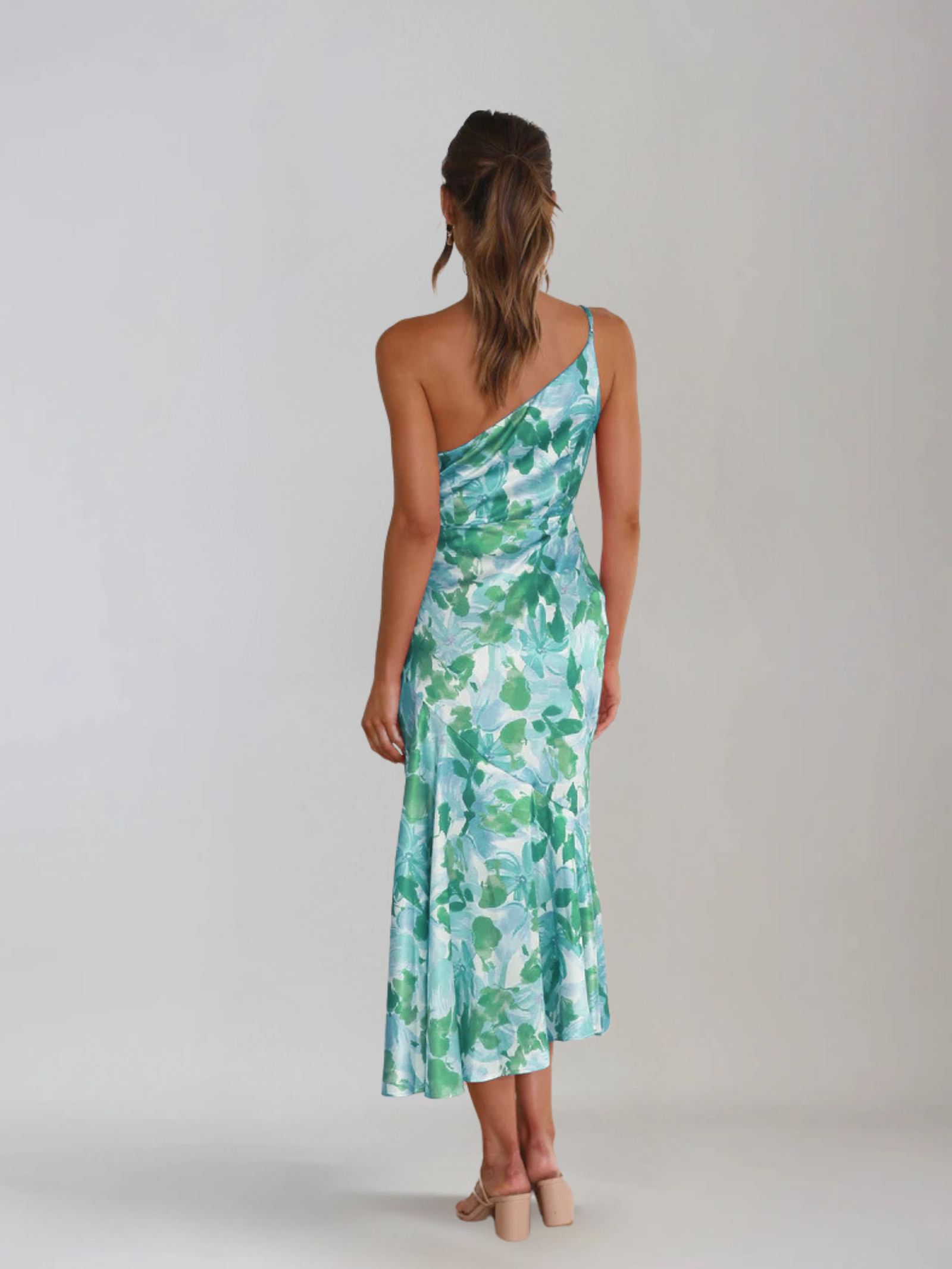 Dames Midi Jurk met One-Shoulder Hals en Bloemenprint