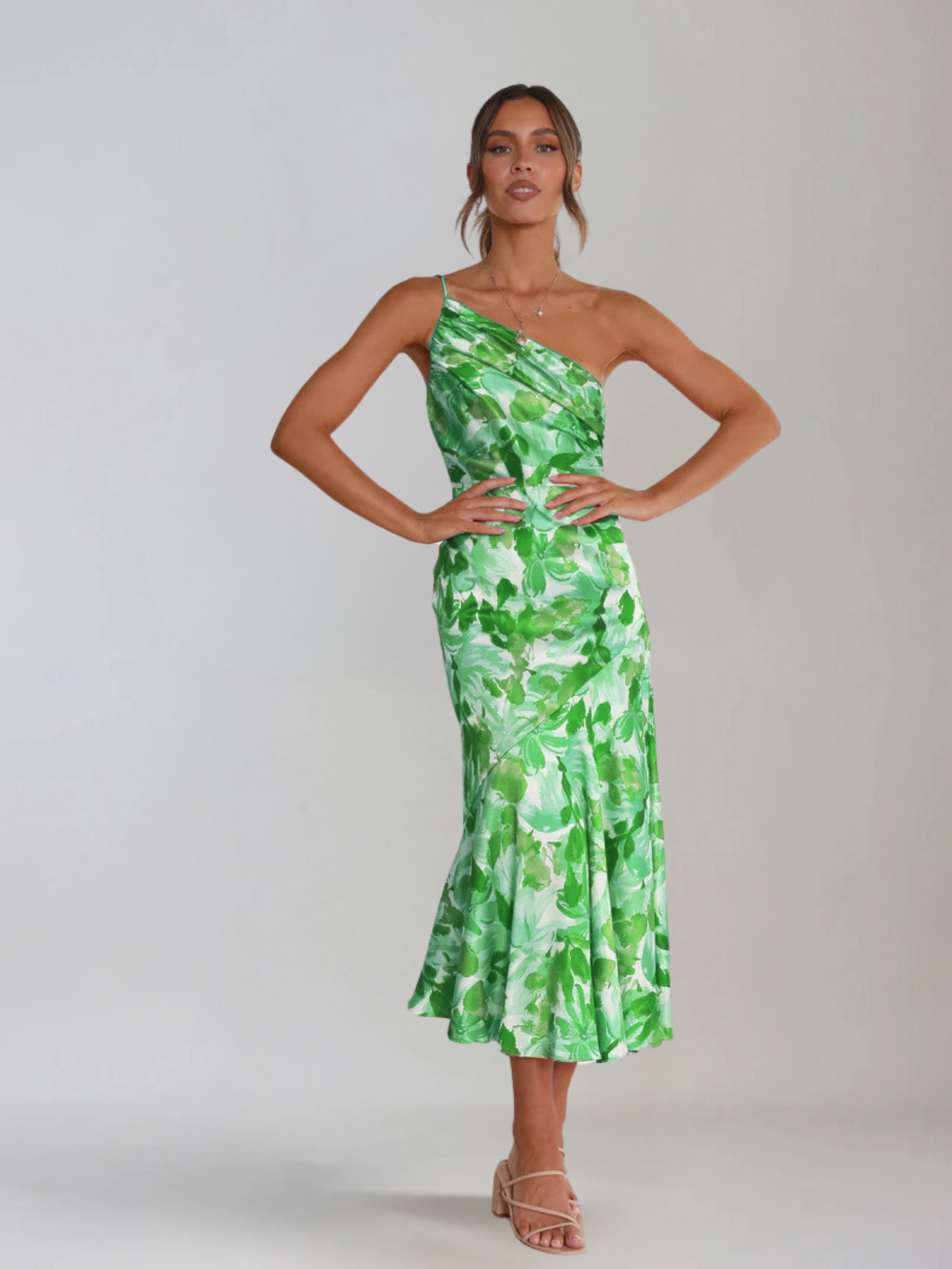 Dames Midi Jurk met One-Shoulder Hals en Bloemenprint