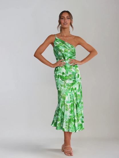 Dames Midi Jurk met One-Shoulder Hals en Bloemenprint