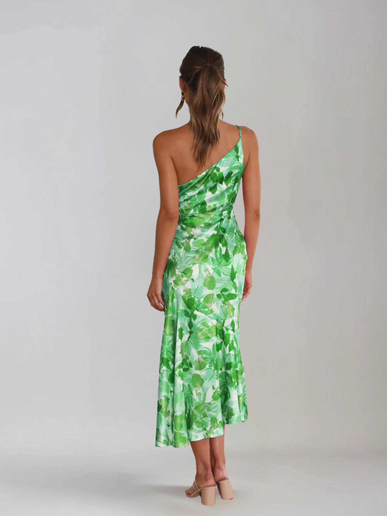 Dames Midi Jurk met One-Shoulder Hals en Bloemenprint