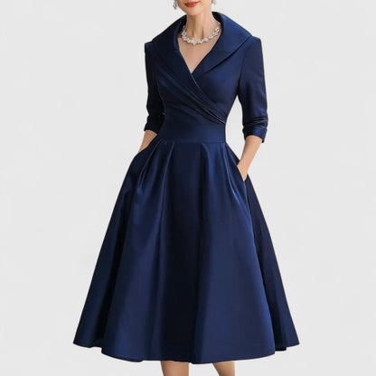 Dames Midi Jurk met Overslag V-hals en Driekwart Mouwen A-lijn Marineblauw