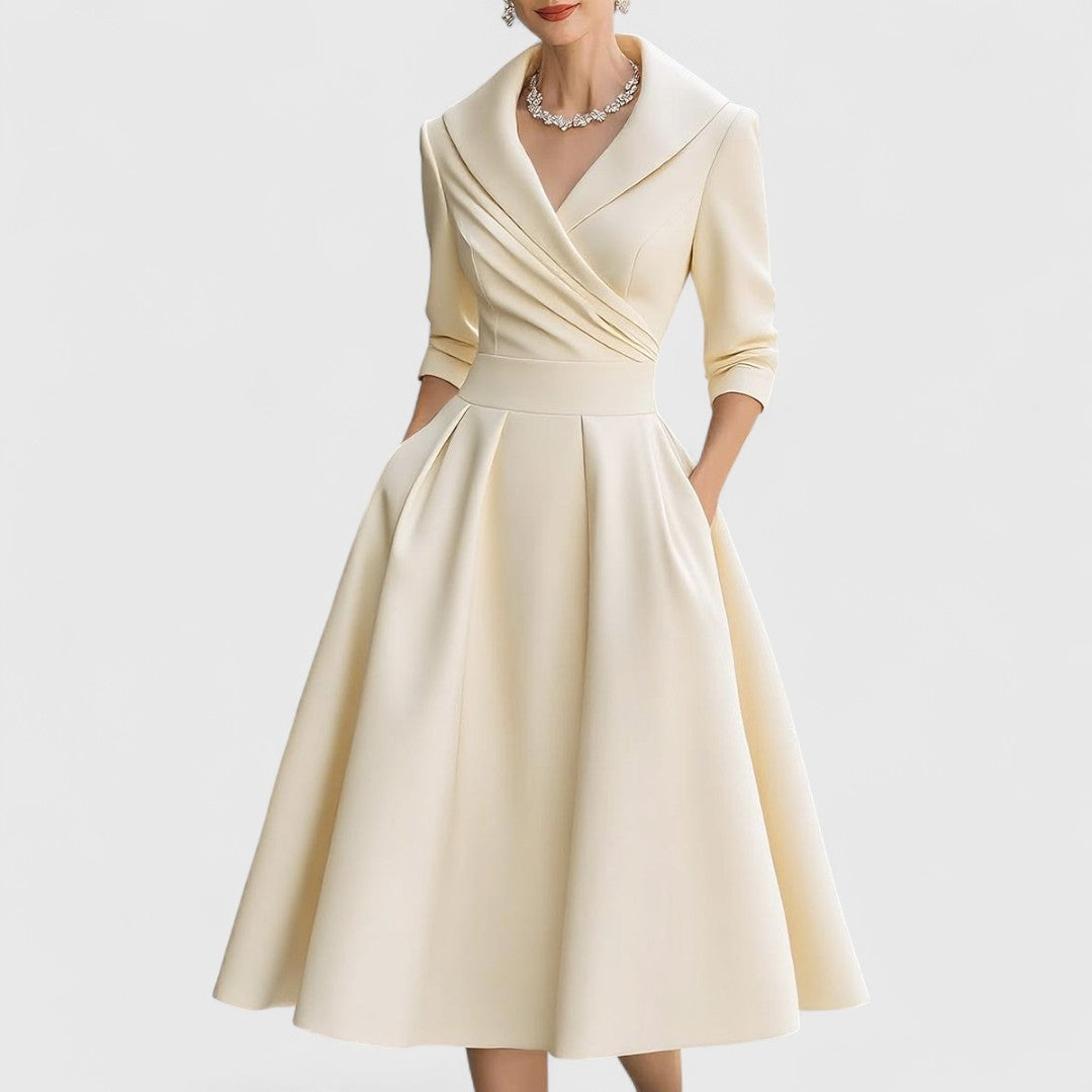 Dames Midi Jurk met Overslag V-hals en Driekwart Mouwen A-lijn Beige