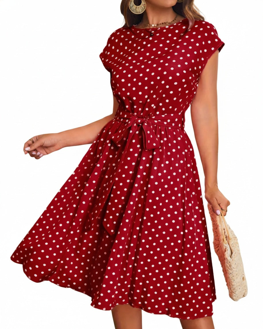 Dames Midi Jurk met Stippenprint, Ronde Hals en Strikceintuur