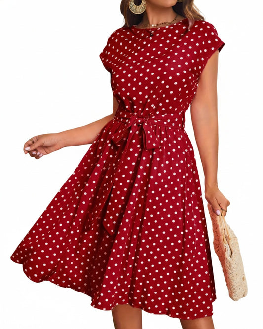 Dames Midi Jurk met Stippenprint, Ronde Hals en Strikceintuur