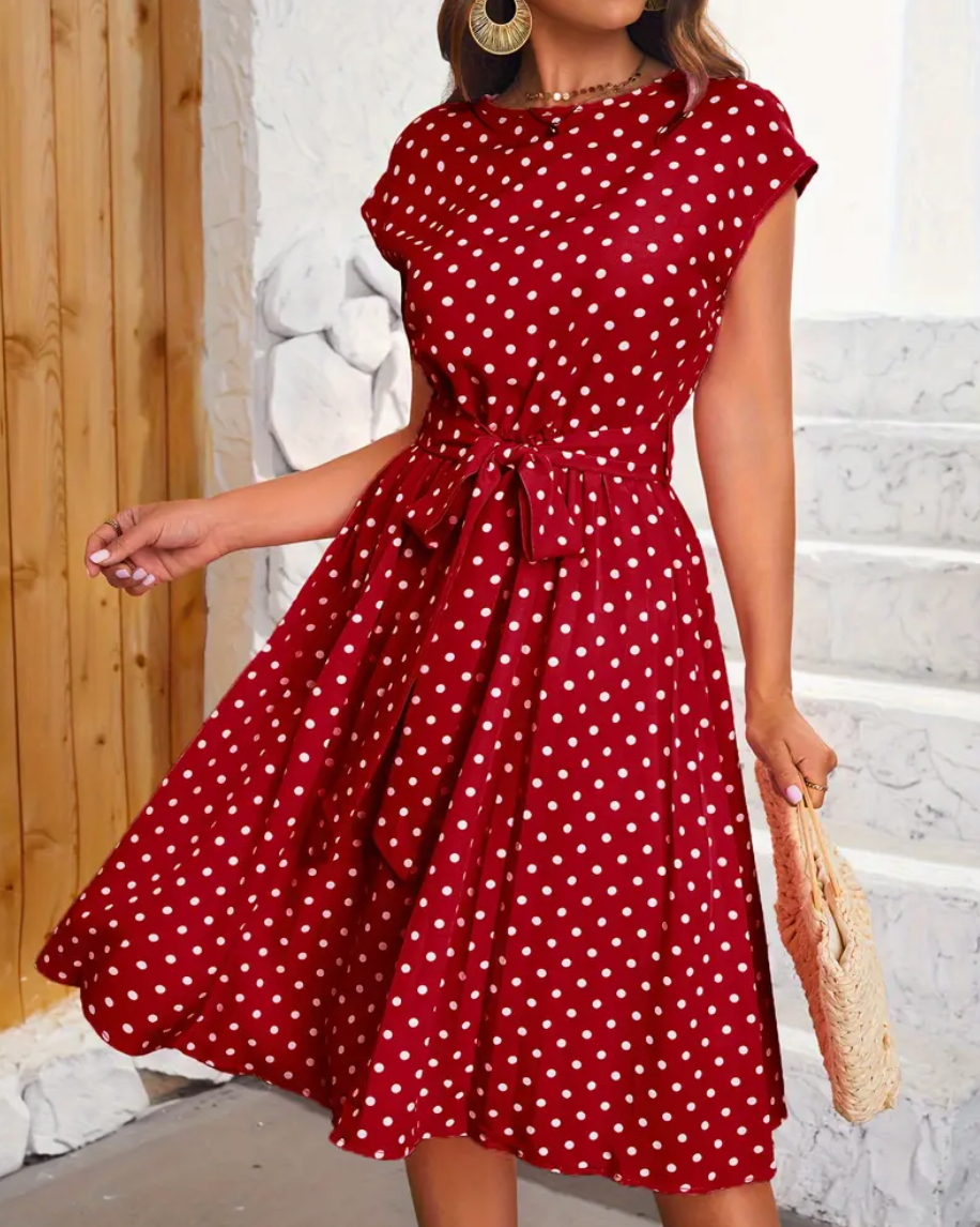 Dames Midi Jurk met Stippenprint, Ronde Hals en Strikceintuur Rood