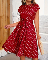 Dames Midi Jurk met Stippenprint, Ronde Hals en Strikceintuur