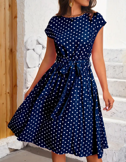 Dames Midi Jurk met Stippenprint, Ronde Hals en Strikceintuur Blauw