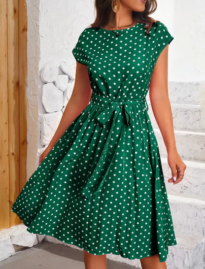 Dames Midi Jurk met Stippenprint, Ronde Hals en Strikceintuur Groen