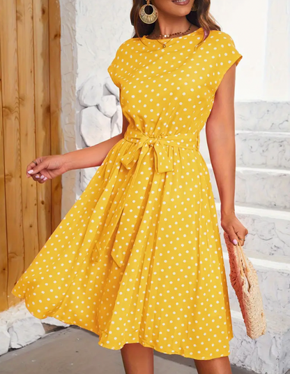Dames Midi Jurk met Stippenprint, Ronde Hals en Strikceintuur Geel