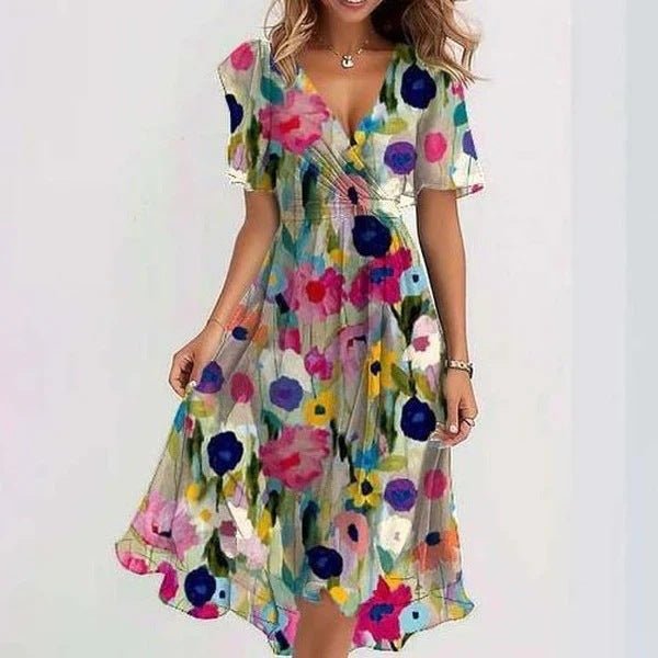 Dames Midi Jurk met V-hals, Bloemenprint en Vlindermouen in A-lijn Beige