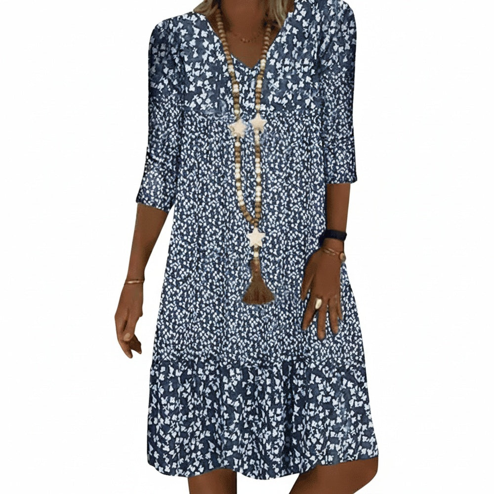 Dames Midi Jurk met V-hals en Bloemenprint Driekwart Mouw
