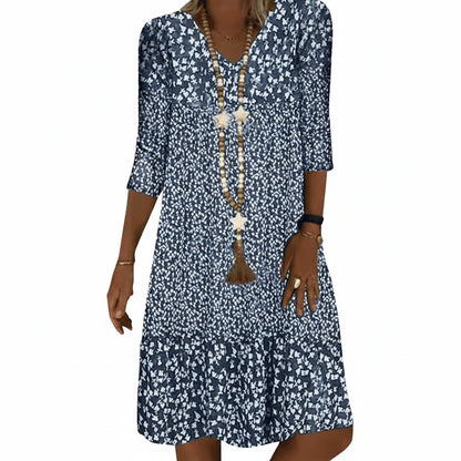 Dames Midi Jurk met V-hals en Bloemenprint Driekwart Mouw