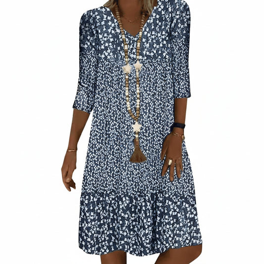 Dames Midi Jurk met V-hals en Bloemenprint Driekwart Mouw