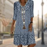 Dames Midi Jurk met V-hals en Bloemenprint Driekwart Mouw