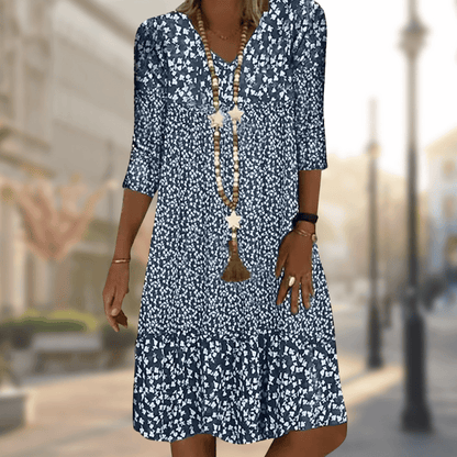 Dames Midi Jurk met V-hals en Bloemenprint Driekwart Mouw