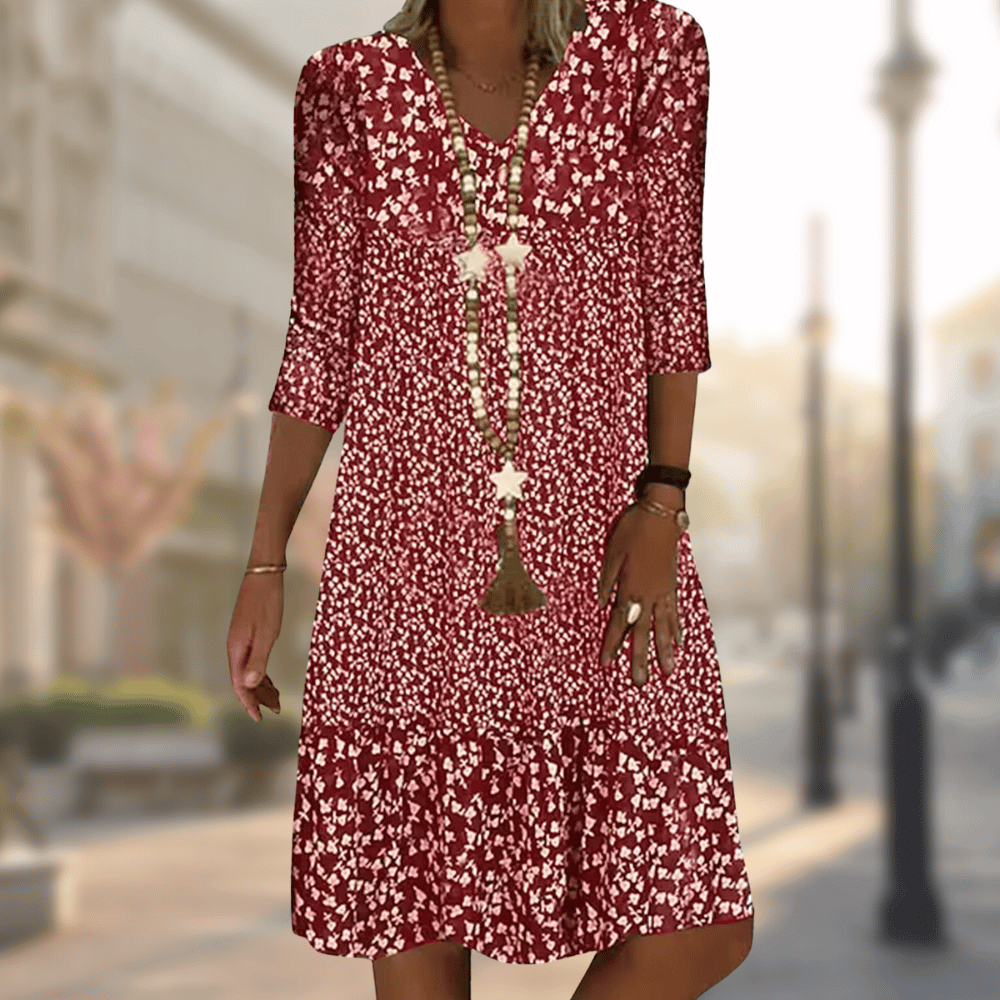 Dames Midi Jurk met V-hals en Bloemenprint Driekwart Mouw Rood