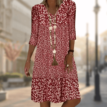 Dames Midi Jurk met V-hals en Bloemenprint Driekwart Mouw
