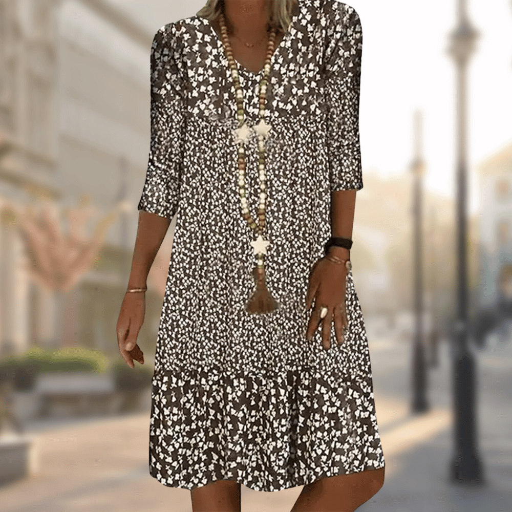 Dames Midi Jurk met V-hals en Bloemenprint Driekwart Mouw