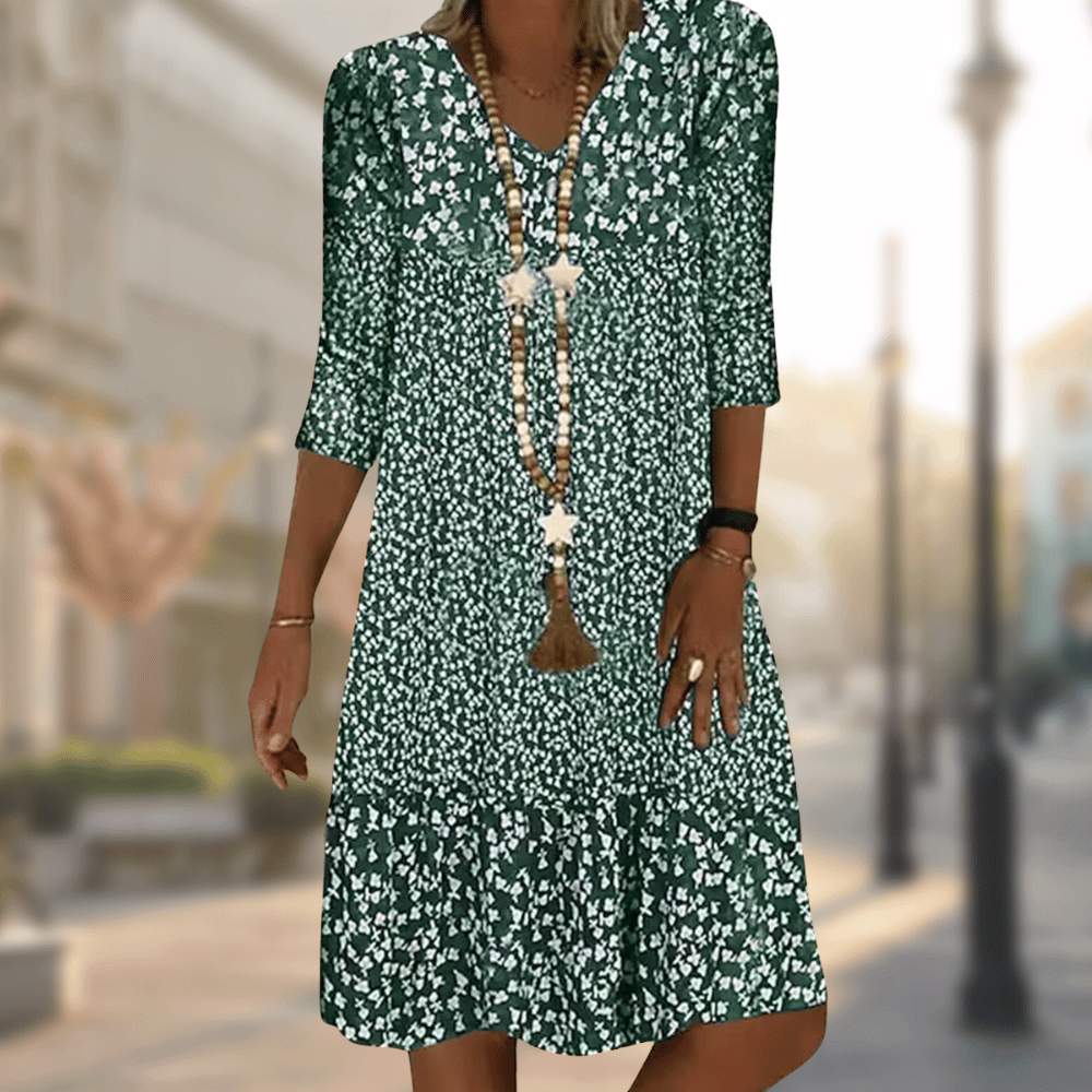 Dames Midi Jurk met V-hals en Bloemenprint Driekwart Mouw