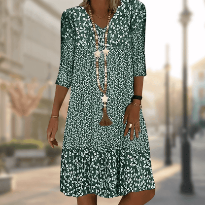 Dames Midi Jurk met V-hals en Bloemenprint Driekwart Mouw