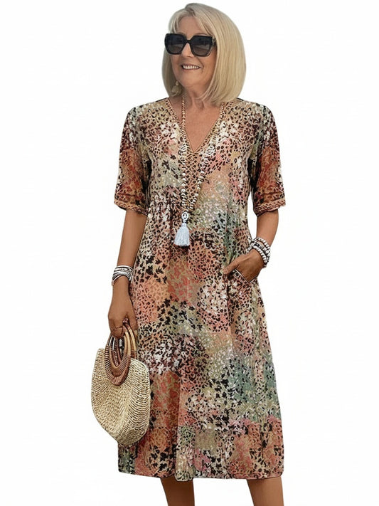 Dames Midi Jurk met V-hals en Bloemenprint Korte Mouw