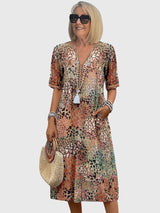 Dames Midi Jurk met V-hals en Bloemenprint Korte Mouw
