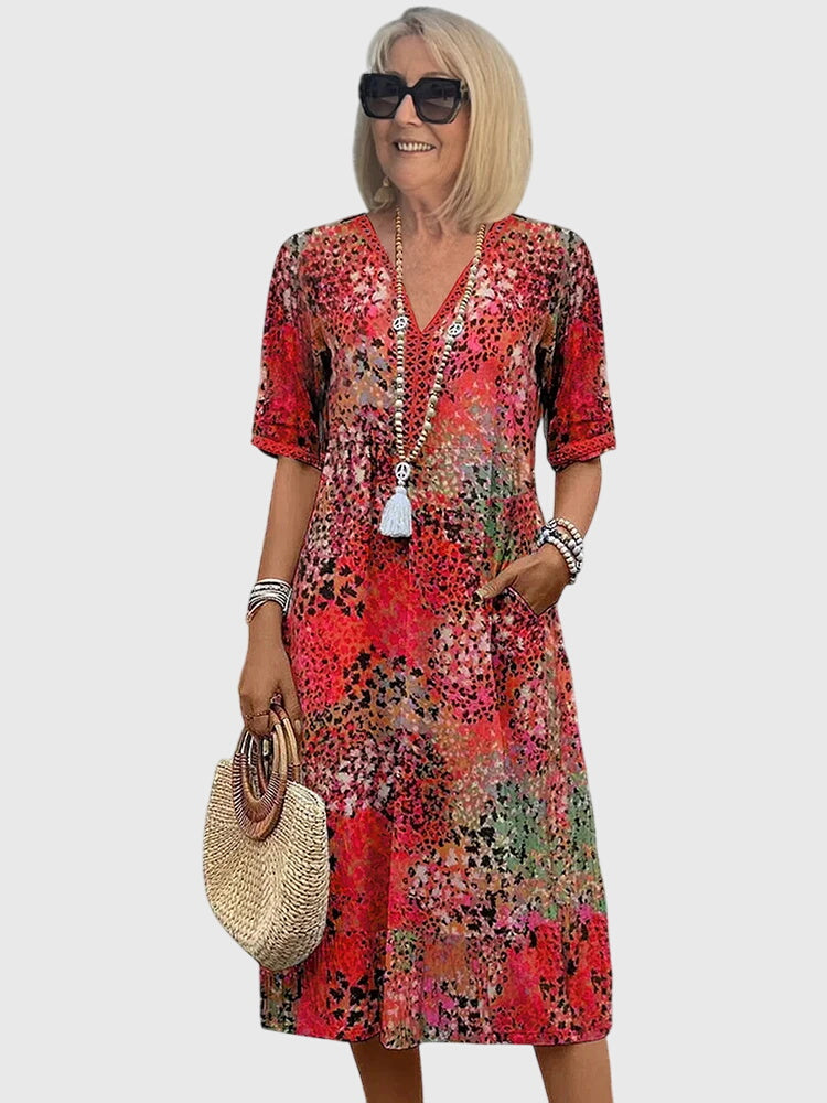 Dames Midi Jurk met V-hals en Bloemenprint Korte Mouw Scharlakenrood