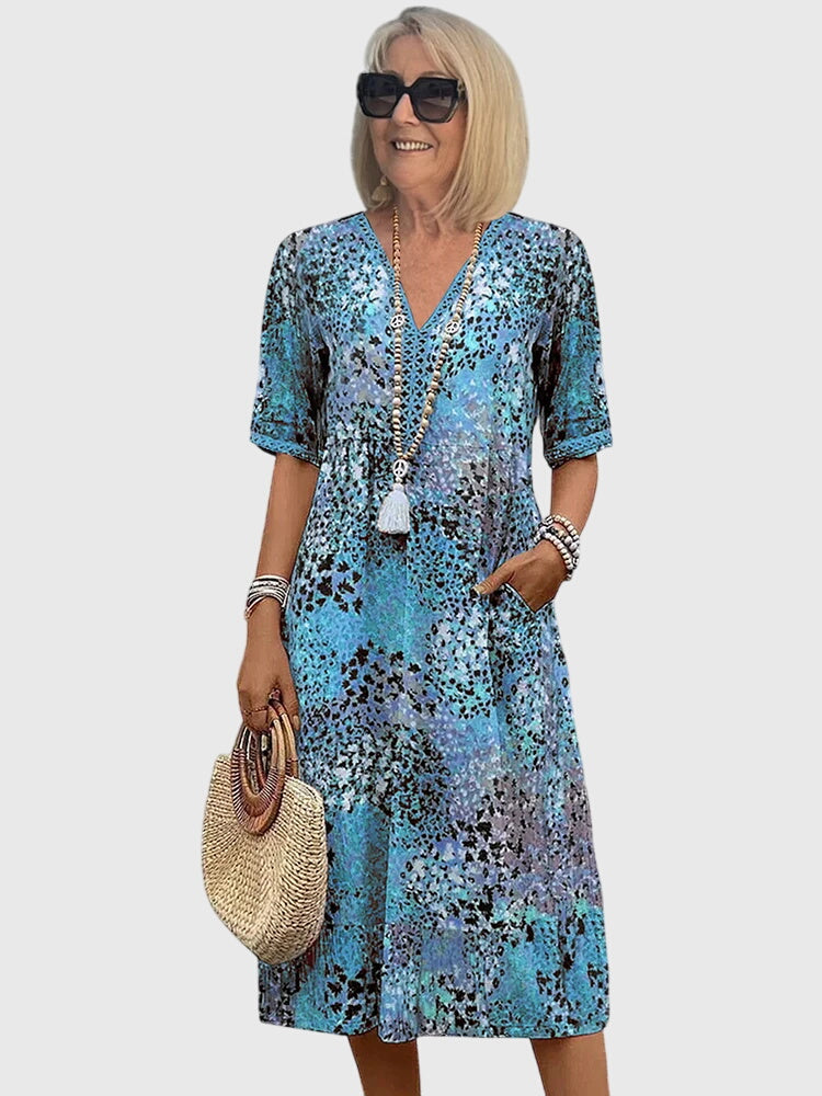 Dames Midi Jurk met V-hals en Bloemenprint Korte Mouw Oceaanblauw