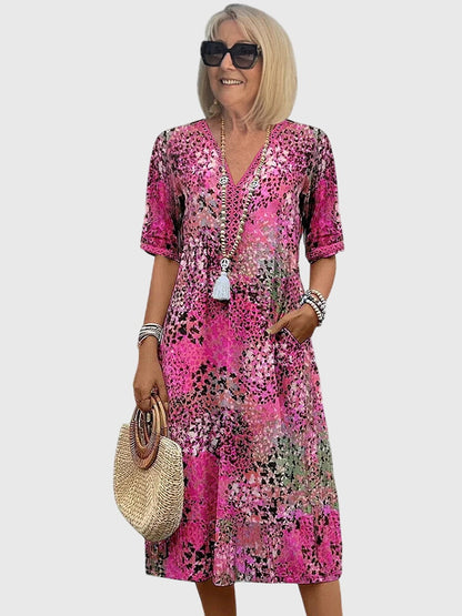 Dames Midi Jurk met V-hals en Bloemenprint Korte Mouw Roze
