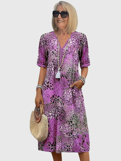 Dames Midi Jurk met V-hals en Bloemenprint Korte Mouw Paars