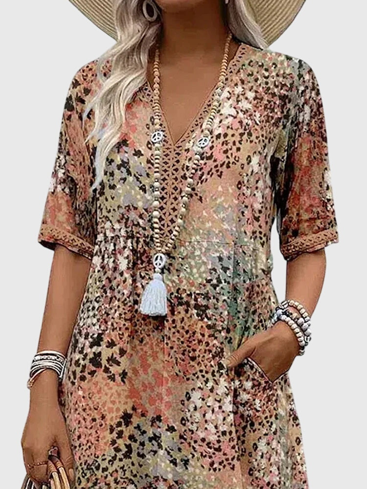 Dames Midi Jurk met V-hals en Bloemenprint Korte Mouw