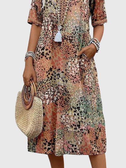 Dames Midi Jurk met V-hals en Bloemenprint Korte Mouw