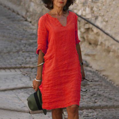 Dames Midi Jurk met V-hals en Driekwart Mouw Losse Pasvorm Rood