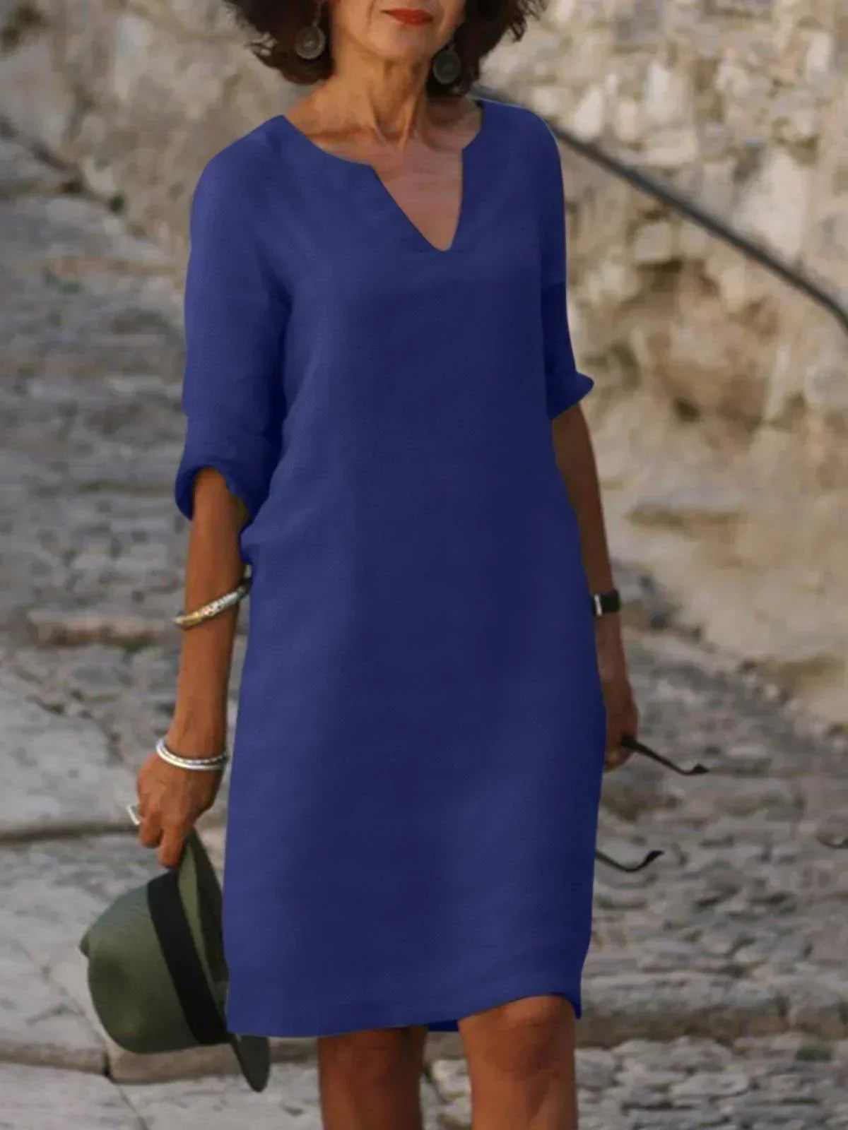 Dames Midi Jurk met V-hals en Driekwart Mouwen Marineblauw