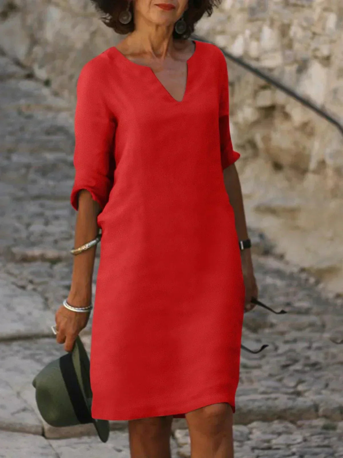 Dames Midi Jurk met V-hals en Driekwart Mouwen Rood