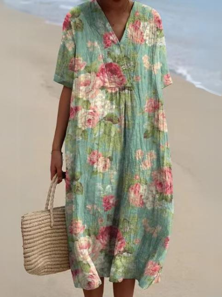 Dames Midi Jurk met V-hals en Korte Mouwen met Bloemenprint