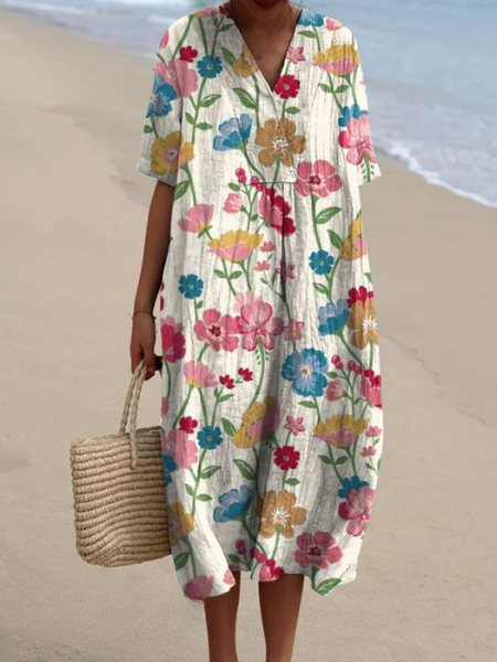 Dames Midi Jurk met V-hals en Korte Mouwen met Bloemenprint