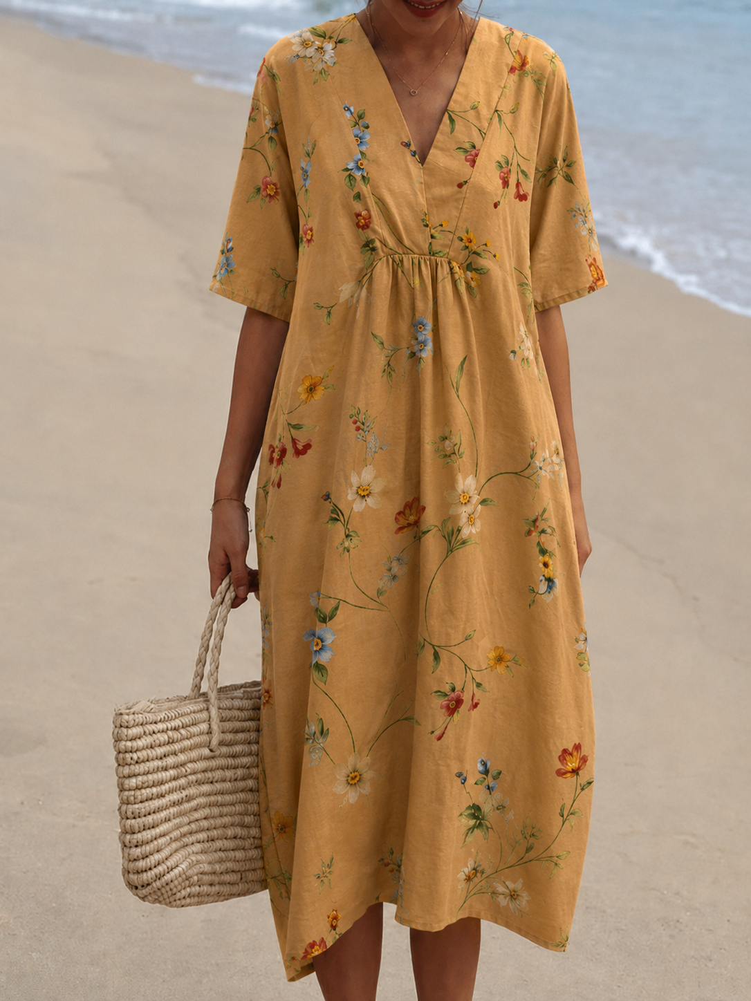 Dames Midi Jurk met V-hals en Korte Mouwen met Bloemenprint