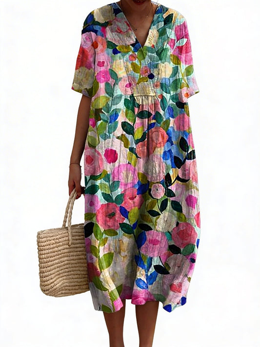 Dames Midi Jurk met V-hals en Korte Mouwen met Bloemenprint